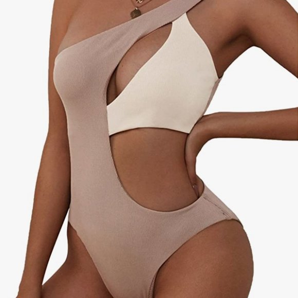 Zaful Other - Zaful One-Shoulder 1-piece Cut-out Coffee and Cream Swimsuit – Size U.S. 4 New